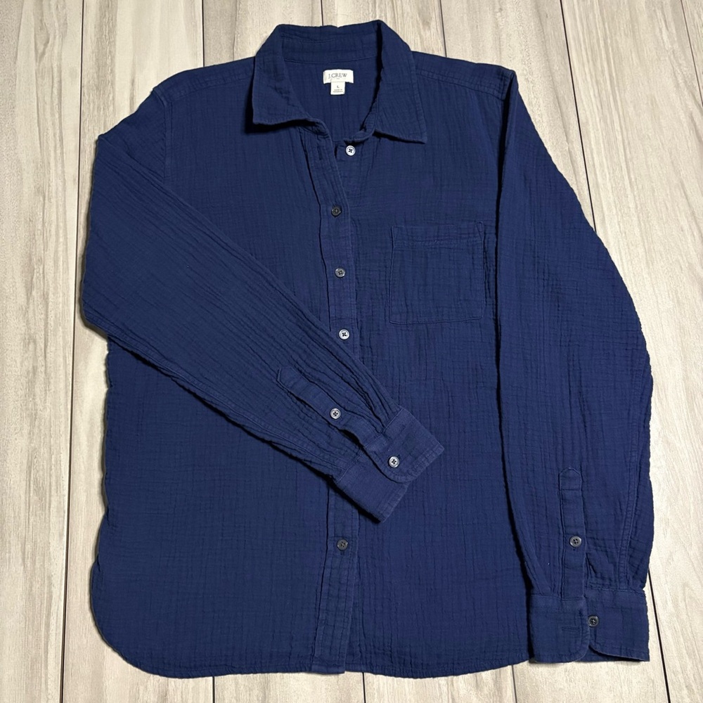J. Crew Navy Blue 100% Cotton Double Gauze Button Down Shirt Large